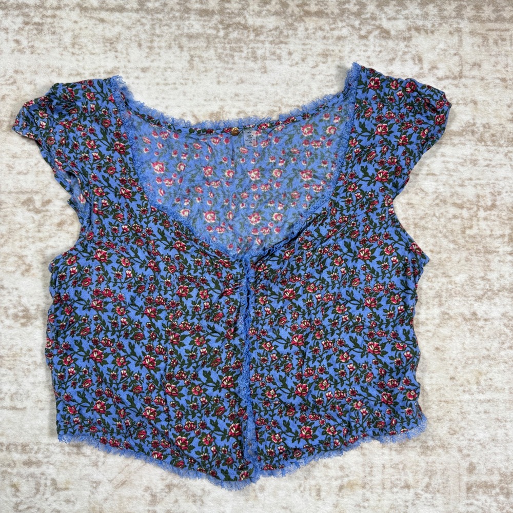 Free People FP One Crop Top Womens Medium Blue Floral Lace Cottagecore